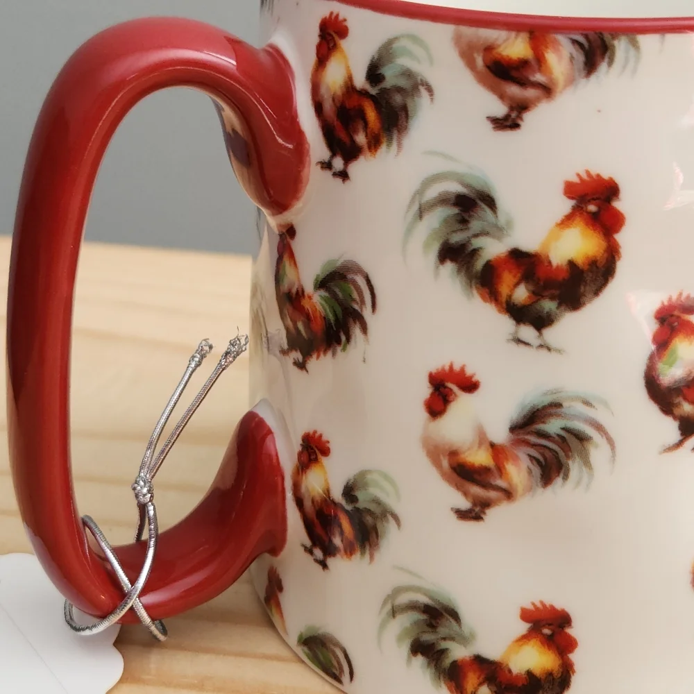 Rooster Patterned Ceramic Mug with Red Handle NWT Cottagecore, Farm, Homestead - Picture 11 of 15